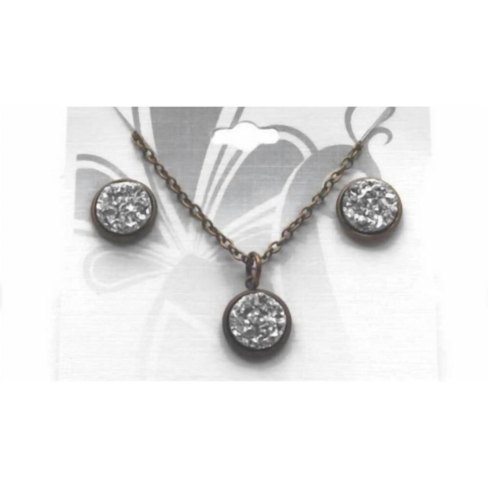 NEW GLEEFUL PEACOCK women's druzy bezel pendant necklace & stud earring set in s